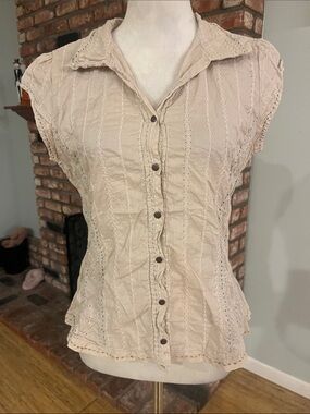 Johnny Was Nicola Stripe Cotton Cap Sleeve Button Blouse